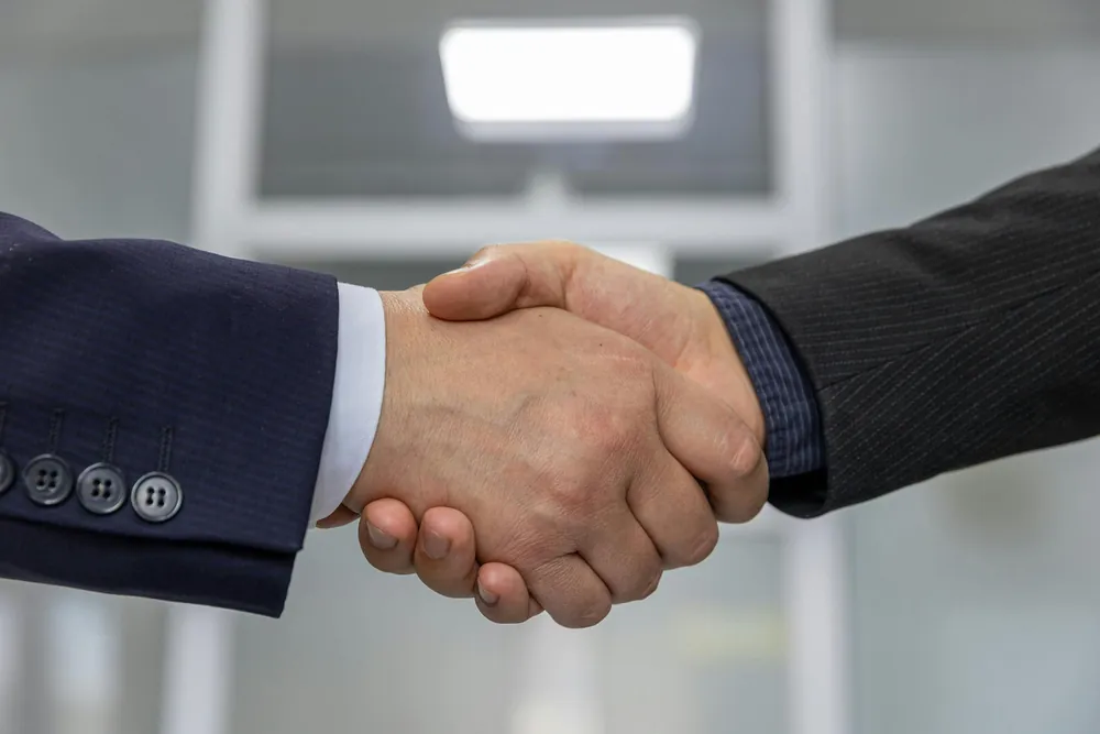 Two professionals shaking hands to confirm a partnership